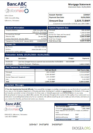 Botswana Bank ABC relevé hypothécaire de la banque scr